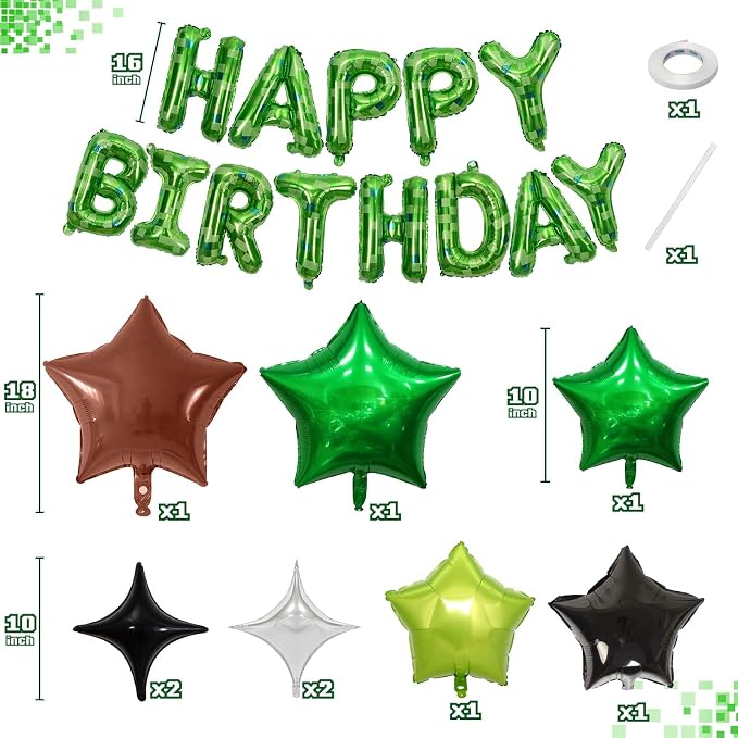 Pixel Happy Birthday Balloon Banner, 16 Inch Pixel Green Foil Letter Balloons - Image 2