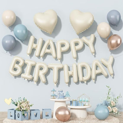 Happy Birthday Balloon Banner Cream Blue, 16 Inch Beige Mylar Letters Heart by Togvu