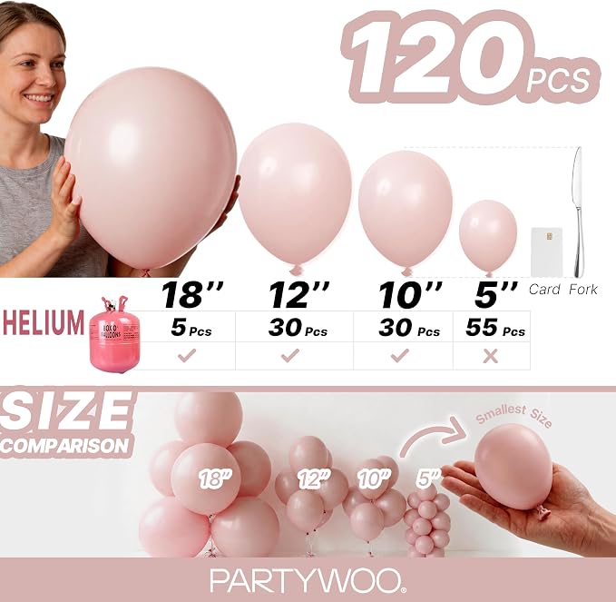 PartyWoo Dusty Pink Balloons 120pcs Lilac Pink Color 18 12 10 5 Inch | 18 12 10 - Image 6