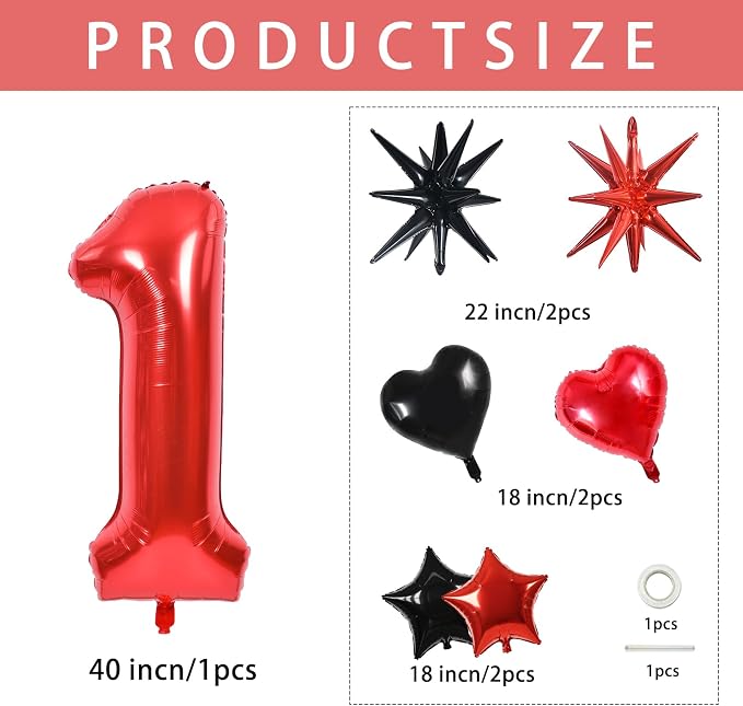 TONIFUL 1st Birthday Balloons Kit 40 Inch Red Large Number 1 Foil Balloon | - Image 2