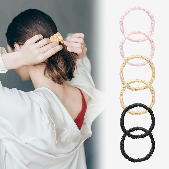 Silk Scrunchies for Women Hair 100% Mulberry Silk Hair Ties with Elastic Band Pack of 6 Silk Scrunchies No Damage