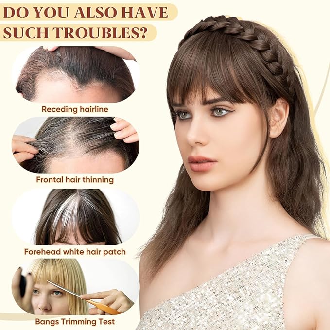 SARLA Braided Headband with 3 Detachable Clip in Bangs Fringe Hairpieces Fake Synthetic Hair Band Bangs for Women Middle Grey