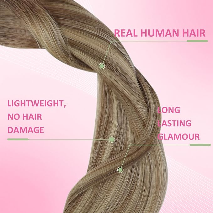 YoungSee Tape in Hair Extensions Real Human Hair Balayage Tape in Extensions Light Brown Ombre Blonde Human Hair Tape-in Extension Invisible Tape-on Hair Extension 16In for Women 50g