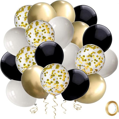 Black and Gold Confetti Balloons, 50 Pack 12inch White Latex Party Balloon Set by Hiquaty