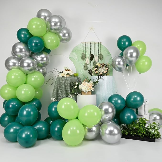 Green Balloons, 12 Inch Dark Emerald Lime Green Metallic Silver Latex Balloons - Image 6