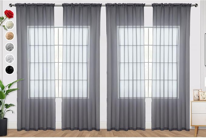 SpaceDresser Grey Sheer Curtains 4 Panels Rod Pocket Semi-Sheer Curtain 72 by SpaceDresser