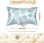 1 Pack Satin Pillowcase for Hair and Skin Blue and Turquoise Snowflakes Imitation Silk Pillowcase with Hidden Zipper Soft Breathable Pillow Cover Standard Size for Bedroom Sofa 20”x26”