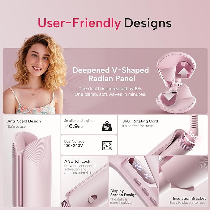 Crimper Waver Tool LENA S17S for Short to Medium Hair, Compact Styler with Titanium Barrel, Fast Heating, Adjustable Temperature, Anti-Scald Design, Auto Shut-Off, Negative Ions, Pink