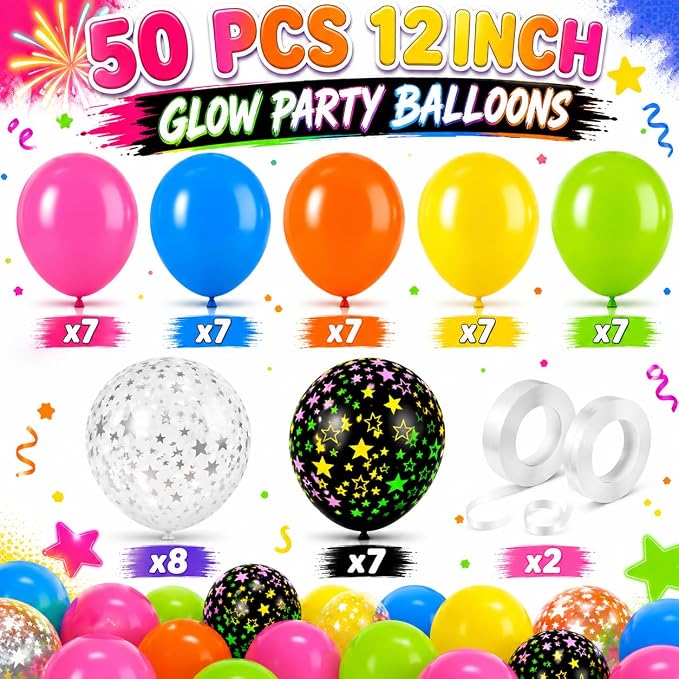 Glow Party Balloons, Lime Green Pink Orange Yellow Blue - Image 2