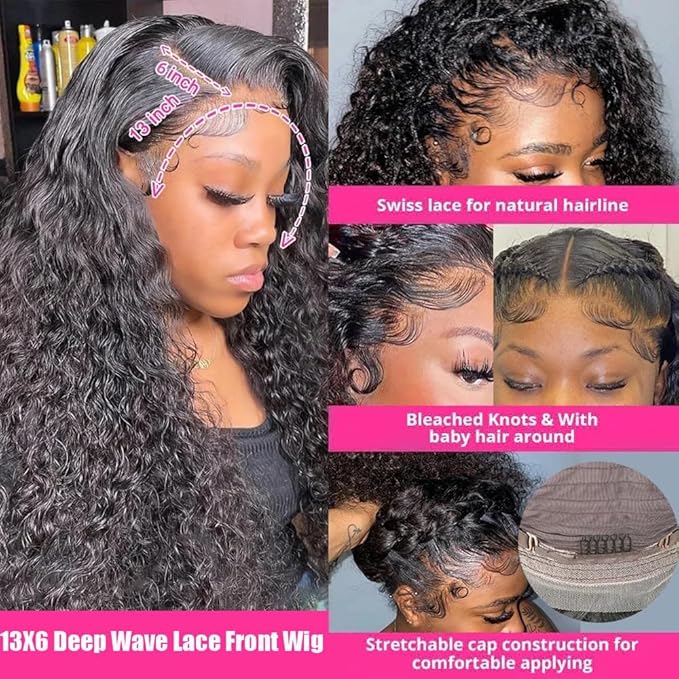 VIPbeauty 13x6 Deep Wave Lace Front Wigs Human Hair 200 Density 28 Inch Curly Wig for Women Natural Black HD Transparent Lace Glueless Frontal Wigs Human Hair Pre Plucked with Baby Hair