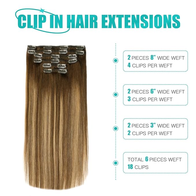 SURNEL Clip in Hair Extensions Real Human Hair Balayage Chocolate Brown to Caramel Blonde Clip in Hair Extensions Clip ins 16 inch 6pcs 100g(#4/27/4,16")