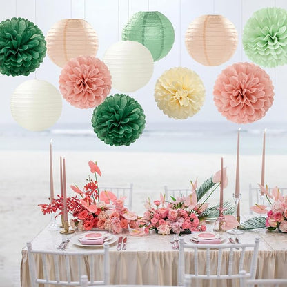 Sage-Green Pink Party-Decorations Paper-Flowers Lanterns - Image 2