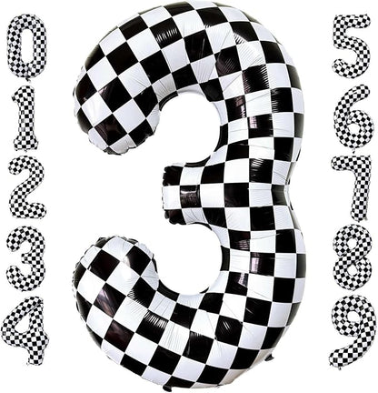 Checkered Number 3 Balloons 40 Inch Giant Race Car Checkered 3 Balloons by LHOAVWE