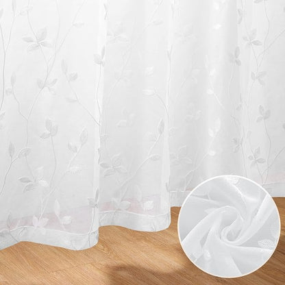HOMEIDEAS White Sheer Curtains 2 Panels, Embroidered Vine Leaf, W52 x L84 | - Image 3