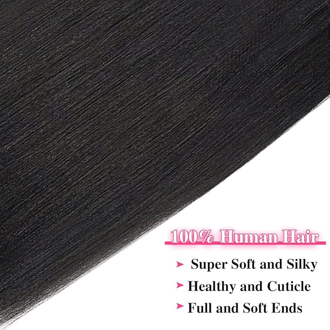 Seamless PU Yaki Straight Clip in Hair Extensions Real Human Hair For Women Invisible Yaki Straight Clip ins (24inch,#1B)