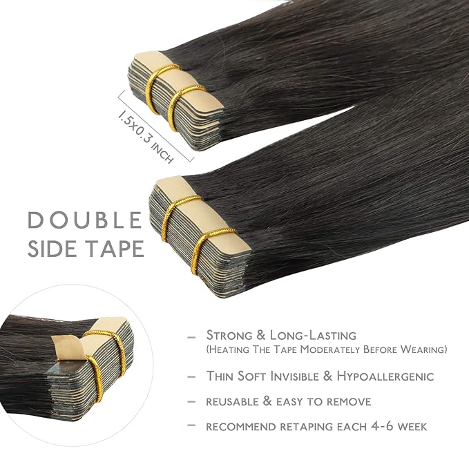WENNALIFE Tape in Hair Extensions Human Hair, 20pcs 60g 28 inch Natural Black Remy Hair Extensions Straight Human Hair Tape in Extensions Skin Weft Tape Extensions Human Hair