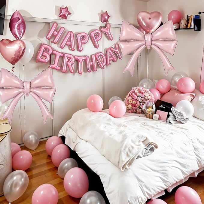 Pink Bow Happy Birthday Balloons Banner, 22 Inch Baby Pink Bow Foil Balloons - Image 4