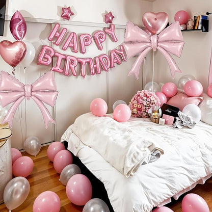 Pink Bow Happy Birthday Balloons Banner, 22 Inch Baby Pink Bow Foil Balloons - Image 4