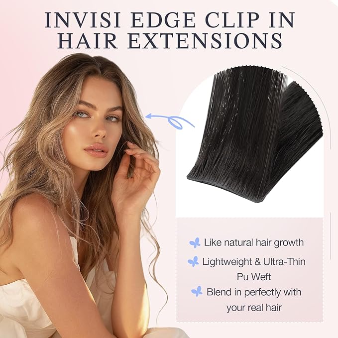 DOORES Human Hair Clip in Extensions 20 Inch 110g 7pcs, Invisi Edge Seamless Real Human Clip in Hair Extensions Invisible Remy Virgin Clipins Straight Skin Weft Thickening, 1B Natural Black
