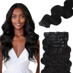 Lashey Seamless Clip in Hair Extensions Human Hair #1 Jet Black Body Wave 7pcs 110g 16 Inch Invisible PU Weft Clip in Hair Extensions for Women