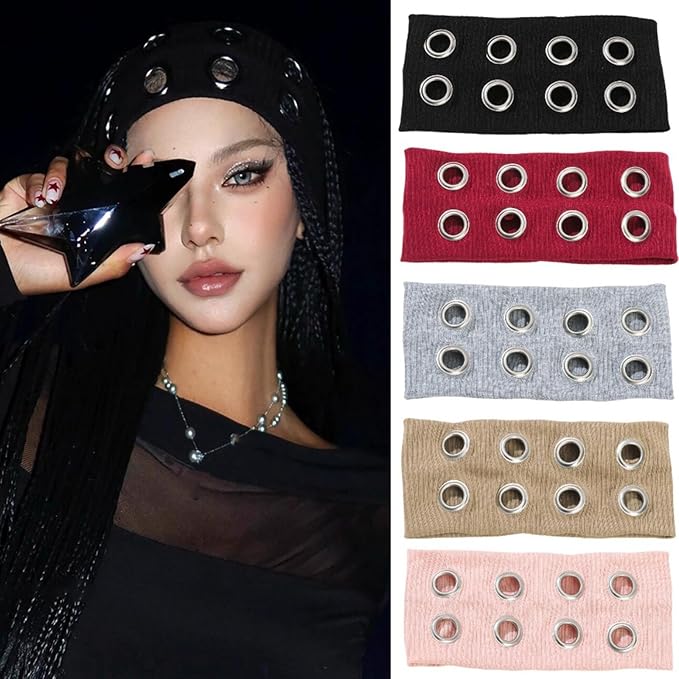 papasgix Grommet Headband for Women, Y2K Elastic Headband Wide Black Hair Band with Holes Metal Rock Style 2000s Hair Accessories (1, Black)
