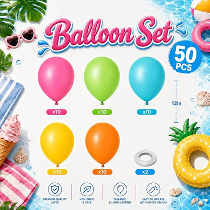 Tropical Balloons, 50 Packs 12 Inch Hawaiian Balloons Hot Pink Orange Teal - Image 2