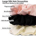 Suncdelv Silk,100% Silk Scrunchies for Hair,22 Momme Hair Ties for Anti-Crease & Breakage,Natural Women Hair Accessories，Fashion Hairbands 3PCS（White,Black,Pink）