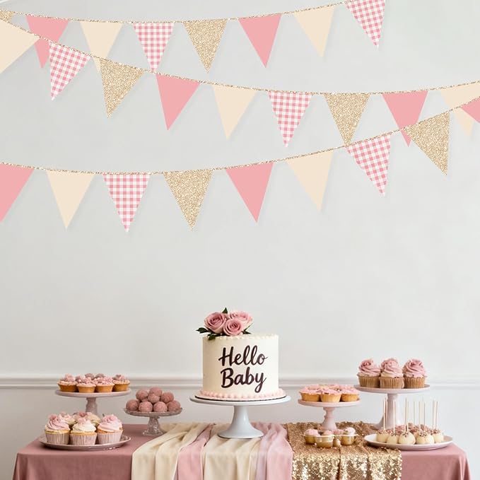 Dusty Rose Pink Buffalo Plaid Champagne Gold Party Decorations Pennant Banner - Image 7