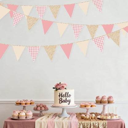 Dusty Rose Pink Buffalo Plaid Champagne Gold Party Decorations Pennant Banner - Image 7