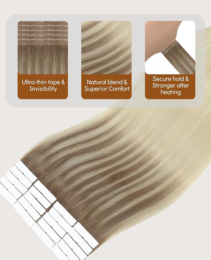 VINBAO Invisi Edge Tape in Hair Extensions 50g Balayage Ombre Brown to Platinum Blonde Injection Tape in Hair Extensions Real Human Hair 20pcs Natural Blend 18inch #8T60