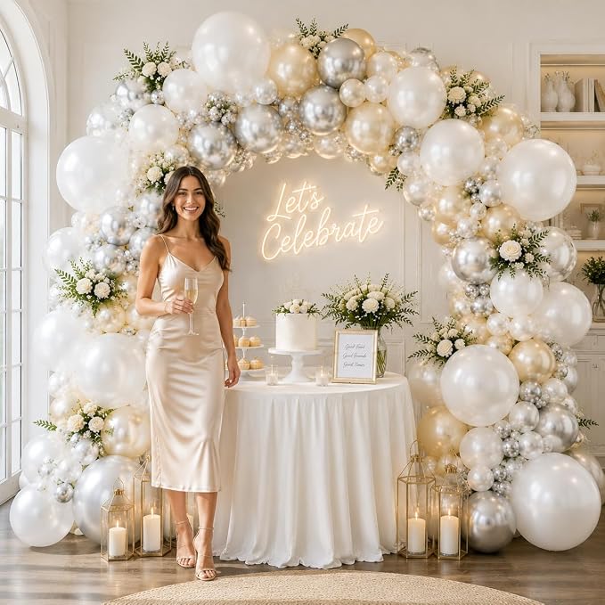 White and Silver Balloon Arch Kit, Double Stuffed Pearl Sand White Metal Silver - Image 6