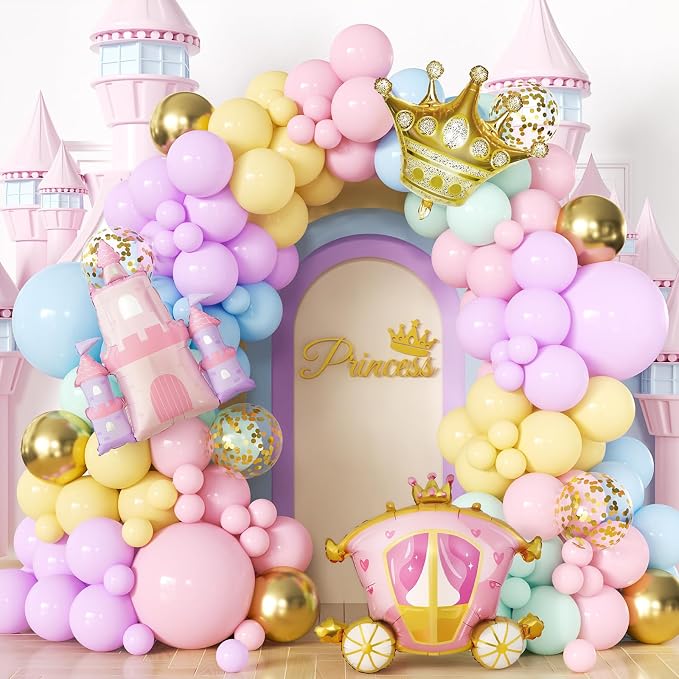 Princess Balloon Garland Arch Kit, Castle Carriage and Crown Foil Balloons by Adeyoo