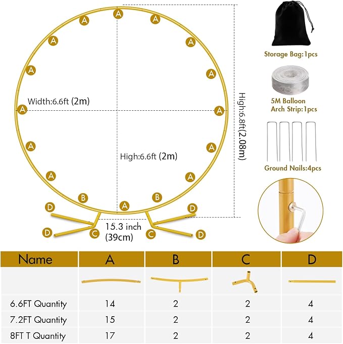 Nisoger 6.6FT Round Backdrop Stand, Circle Gold Balloon Wedding Arch Frame | - Image 4