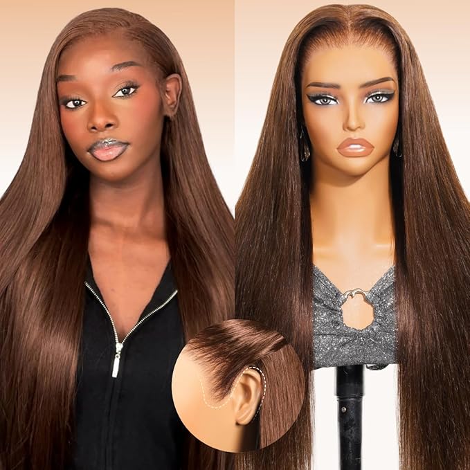 Arabella 13x6 Chocolate Brown Glueless Wigs Human Hair Pre Plucked Pre Cut 13x6 Ear to Ear Full HD Lace Front Wigs Human Hair 210% Density 4# Brown Straight Wig Drawstring Wig Human Hair 22 Inch