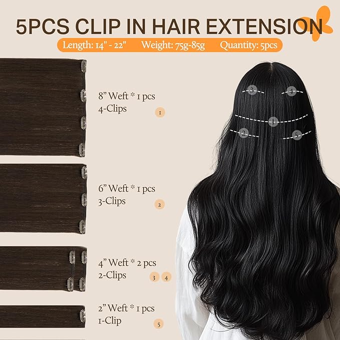 DOORES Clip in Human Hair Extensions, 85g 5pcs Light Dark Brown 22 Inch Real Remy Hair Extensions Natural Straight
