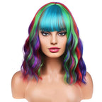 BERON 14 Inches Rainbow Wig with Bangs Short Curly Synthetic Wig for Women Cosplay Daily Party Hairnet Included