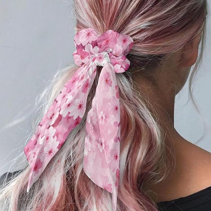 Cherry Blossom Elastic Ribbon Hair Ties 2 Pcs Pink Black Scarf Scrunchies Travel Accessory for Thick Thin Hair Satin Ponytail Scrunchy with Tails