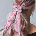 Cherry Blossom Elastic Ribbon Hair Ties 2 Pcs Pink Black Scarf Scrunchies Travel Accessory for Thick Thin Hair Satin Ponytail Scrunchy with Tails