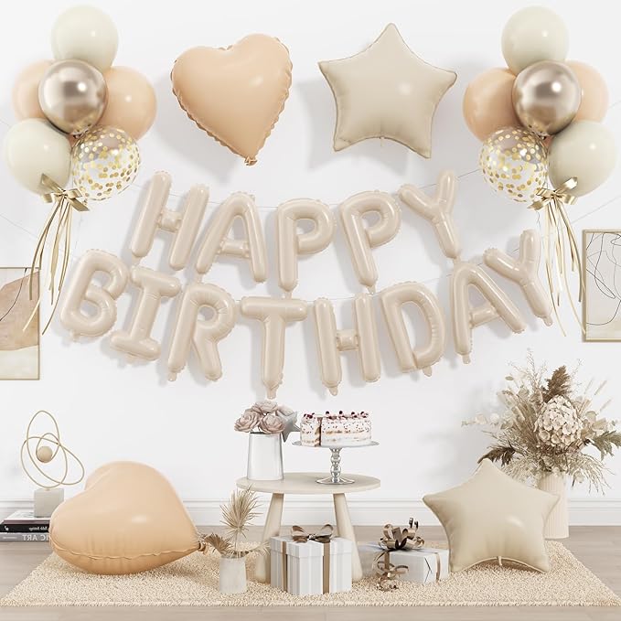29 PC Cream Happy Birthday Balloon Banner, 16 Inch 3D Aluminum Letter Banner by Paready