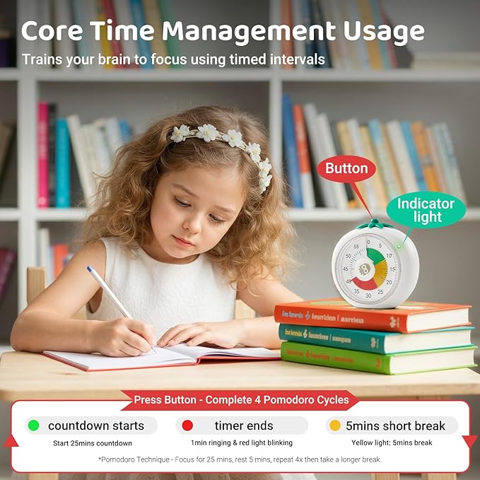 Visual Timer for Kids, 60-Minute Countdown Timers for Classroom Office Kitchen with Silent Operation, Kids Timer for Teaching with Cute Design, 4-Color Zone Pattern Pomodoro Timers