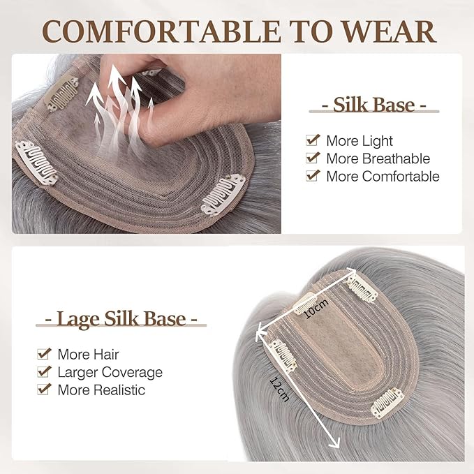 Rich Choices Hair Toppers for Women Real Human Hair 100% Human Remy Toppers NO Bangs for Women with Thinning on Top Clip in Hairpiece 4"x4.7"Lace Base 8 Inch Gray