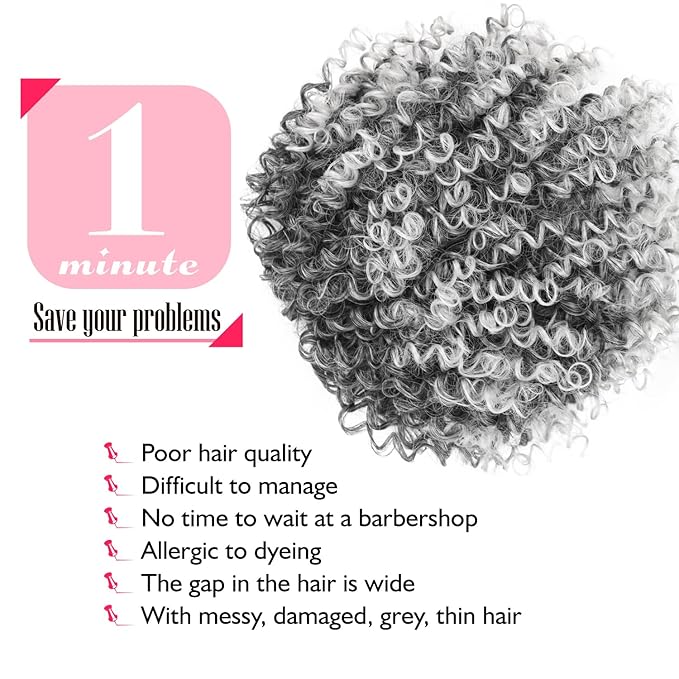 Natural Afro Kinky Curly Short Hair Toppers with Bangs Black Clip in Synthetic Wiglets Hair Pieces for Men and Women with Thinning Hair Instant Volume and Style(1B/Gray)