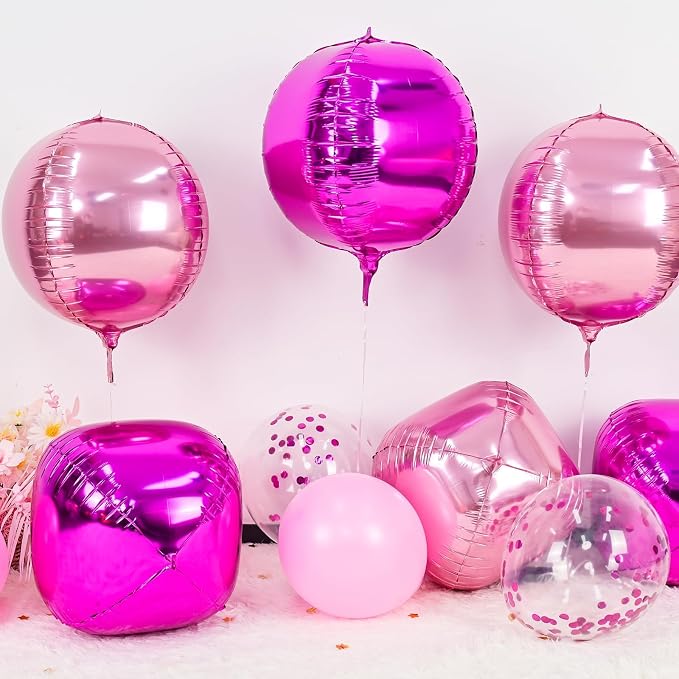 6Pcs Hot Pink and Pink Round Foil Balloons, Giant 4D Round Ball Balloons - Image 3