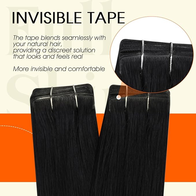 Full Shine Injected Tape ins Human Hair Extensions 16Inch Color 1 Jet Black Tape in Hair Extensions 40Gram 20PcsMachine Remy Skin Weft Seamless for Women Add Volume