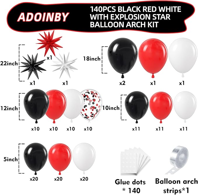 Red and Black White Balloon Arch Kit, Different Size Balloons - Image 2