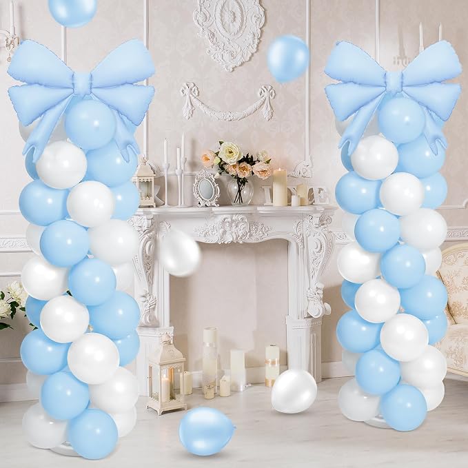 2 Sets Light Blue White Bow Balloon Column Stand Kit Includes 2 Bows & 100 - Image 5