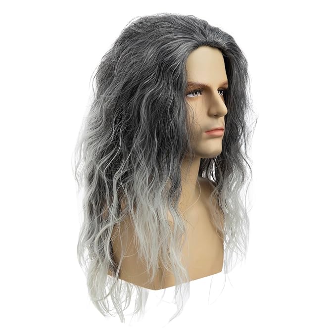 Baruisi Long Curly Wavy Grey Wigs for Men Synthetic Natural Party Halloween Cosplay Hair Wig
