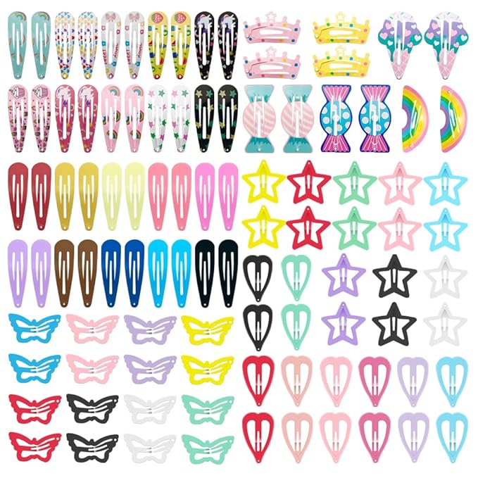 KUBOM 100 Pcs Snap Hair Clip for Girls - Metal Barrettes and Fruity Hair Clips for Toddler Girls or Women,Cute Solid Candy Color Hair Accessories