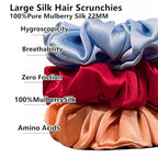 Suncdelv Silk,100% Silk Scrunchies for Hair,22 Momme Hair Ties for Anti-Crease & Breakage,Natural Women Hair Accessories，Fashion Hairbands 3PCS(Blue,Red,Pink）