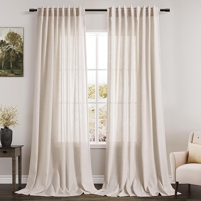 Beige Linen Light Filtering Curtains 96 Inches Long 2 Panels Long Semi Sheer by Nanspring